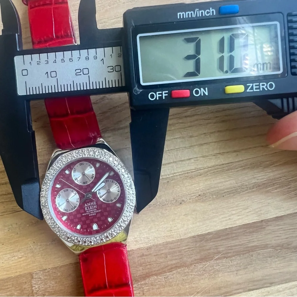 Anne Klein ladies diamond Swiss red leather sport watch NEW BATTERY